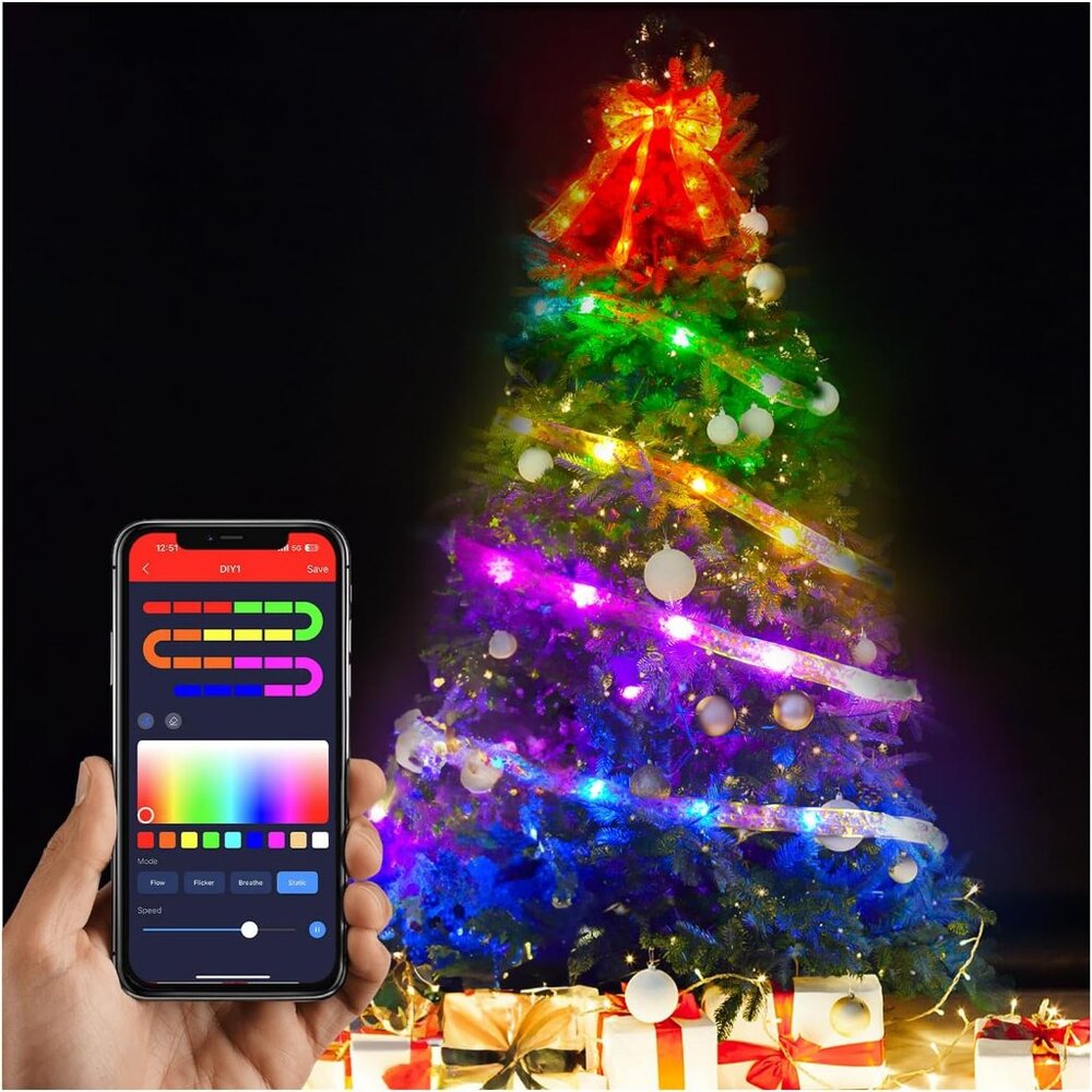 Christmas Tree Decorations Ribbon Lights, 32Ft 50 LED Remote Bluetooth control🧨